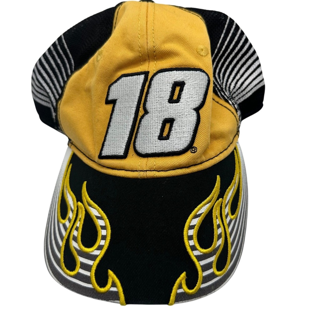 NASCAR Kyle Busch Trucker Hat Mens OSFA Yellow Black Flame‎ Mesh Racing Cap 18